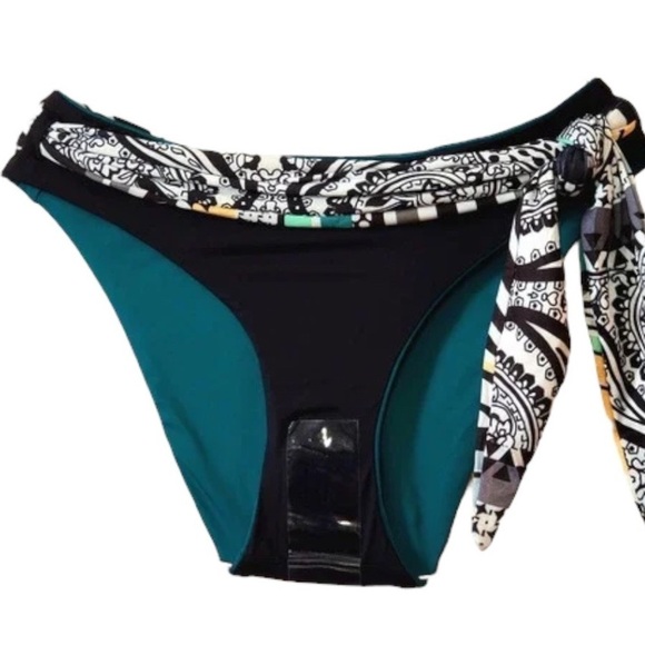 BECCA Bikini Bottom NWOT Fern Green Black White Reversible Belted - Picture 9 of 11